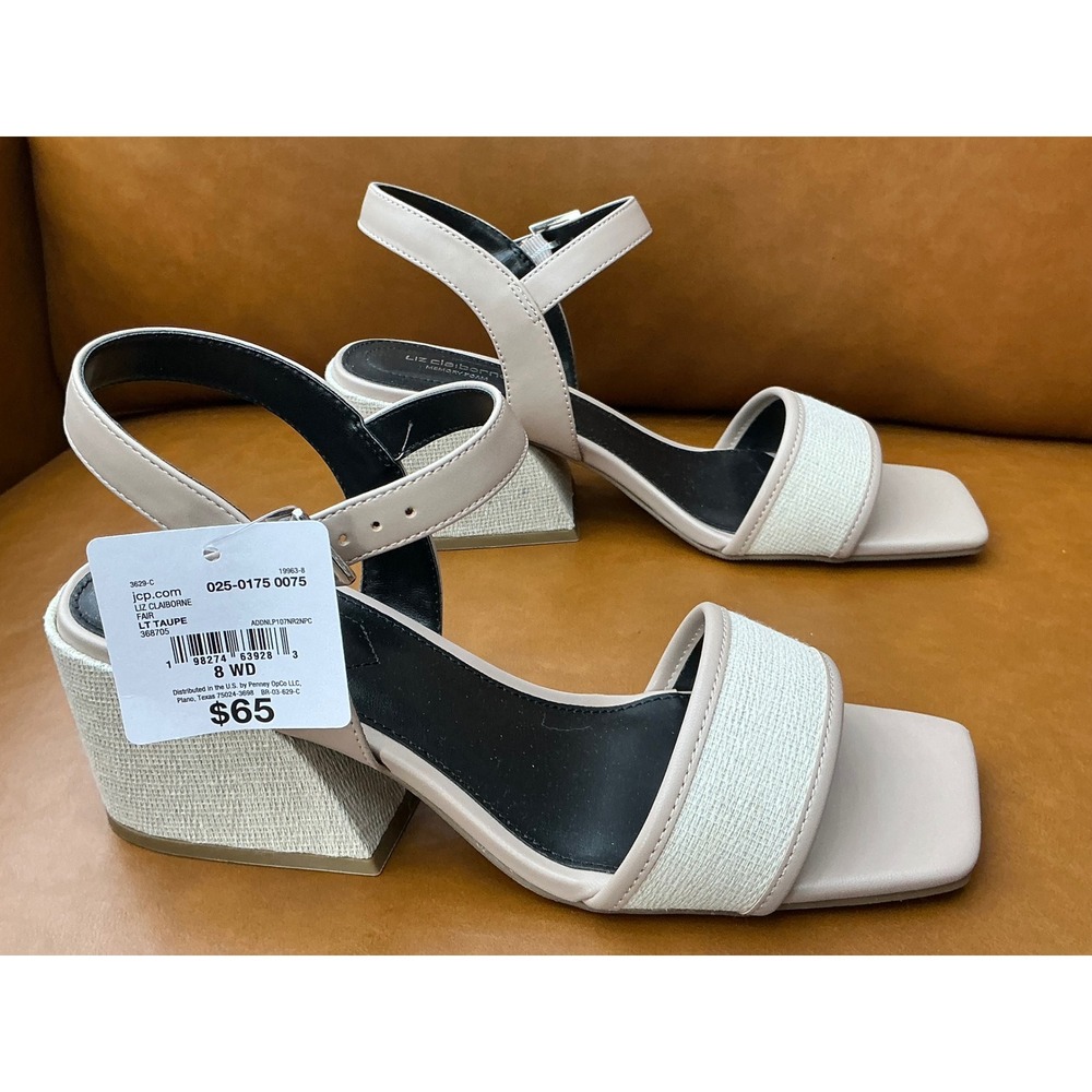 Liz Claiborne Fair Sandals Womens 8W Taupe New Block Heel Memory Foam Wide Width